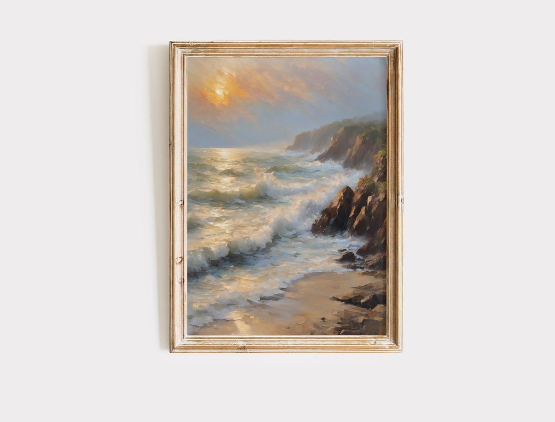 Moody Coastal Cliffs Dramatic Golden Sunset Seascape Art Poster - Image 5