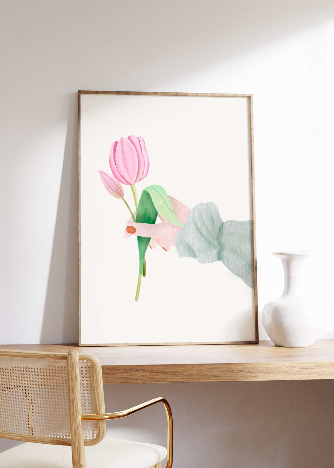 Hand Offering Two Pink Tulips Watercolor Spring Flower Poster - Image 4
