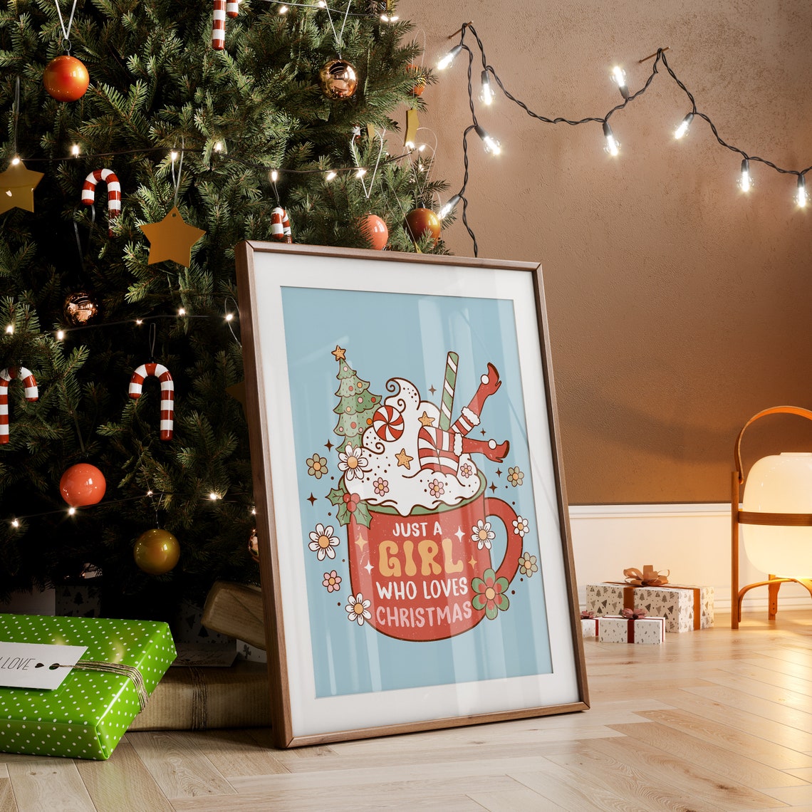 Just A Girl Who Loves Christmas Retro Cocoa Mug Groovy Quote Poster - Image 4