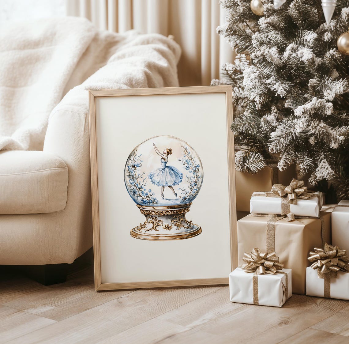 Blue Nutcracker Ballerina Snow Globe Watercolor Christmas Poster - Image 4