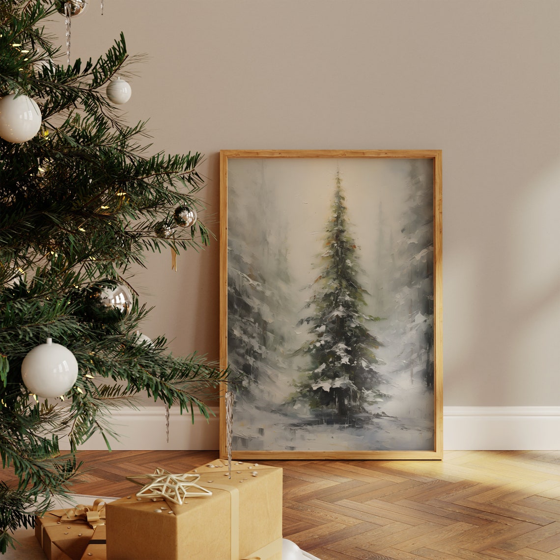 Snowy Evergreen Tree Misty Winter Forest Oil Style Christmas Wall Art - Image 4