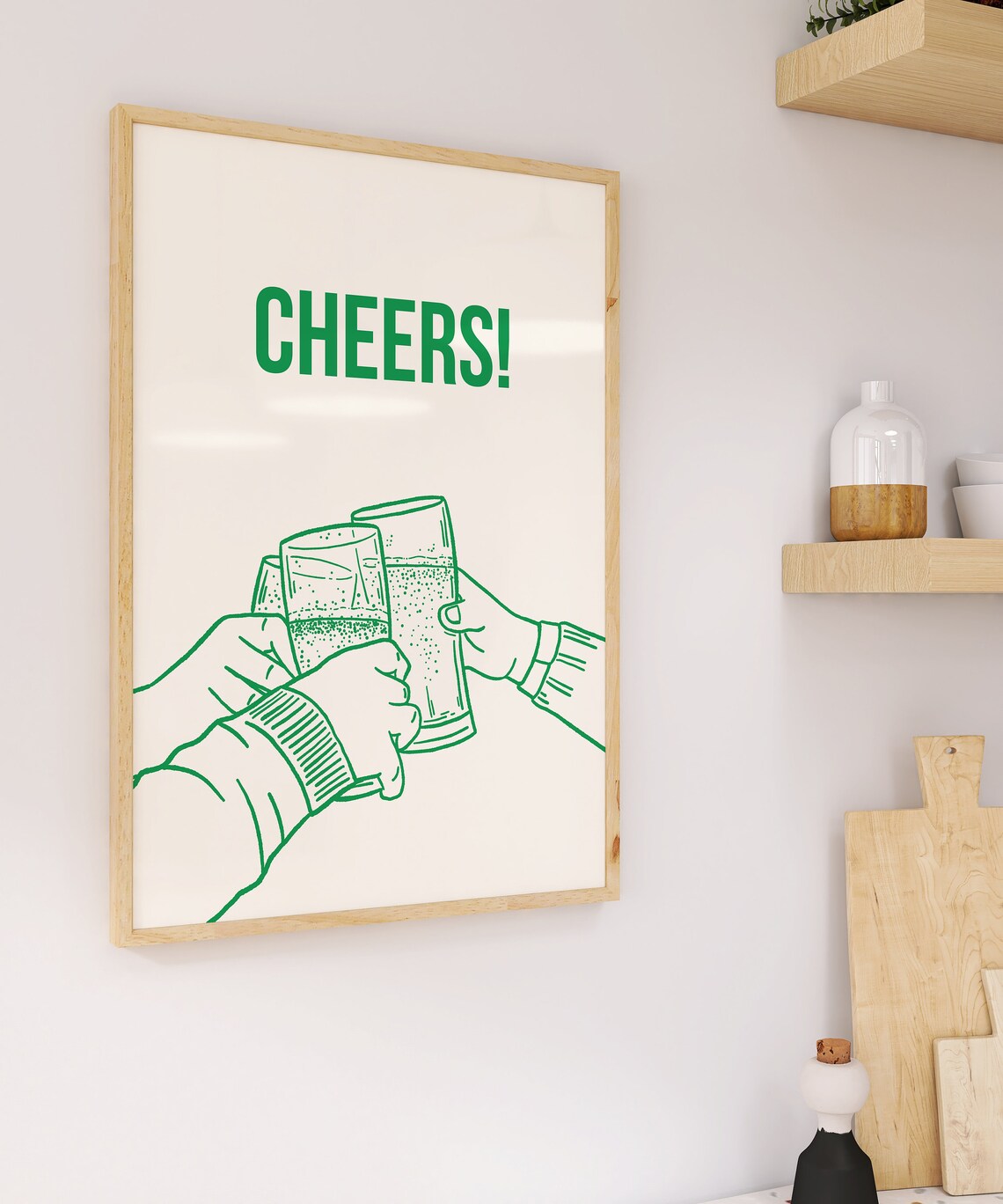 Cheers Green Line Art Beer Glasses Toast Home Bar Wall Decor Poster - Image 2