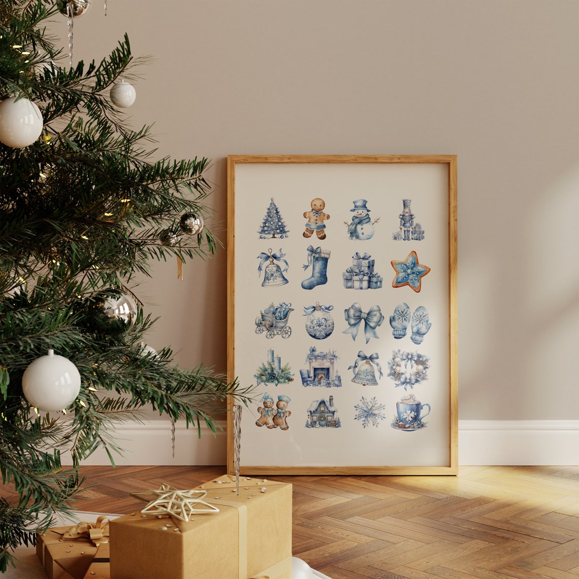 Blue Christmas Icons Watercolor Ornament Collage Holiday Wall Art - Image 4