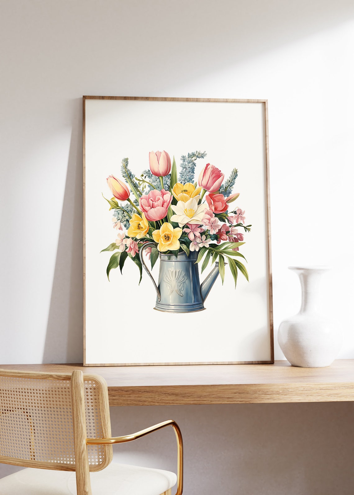 Garden Flowers In Blue Watering Can Spring Watercolor Flower Poster - Image 4