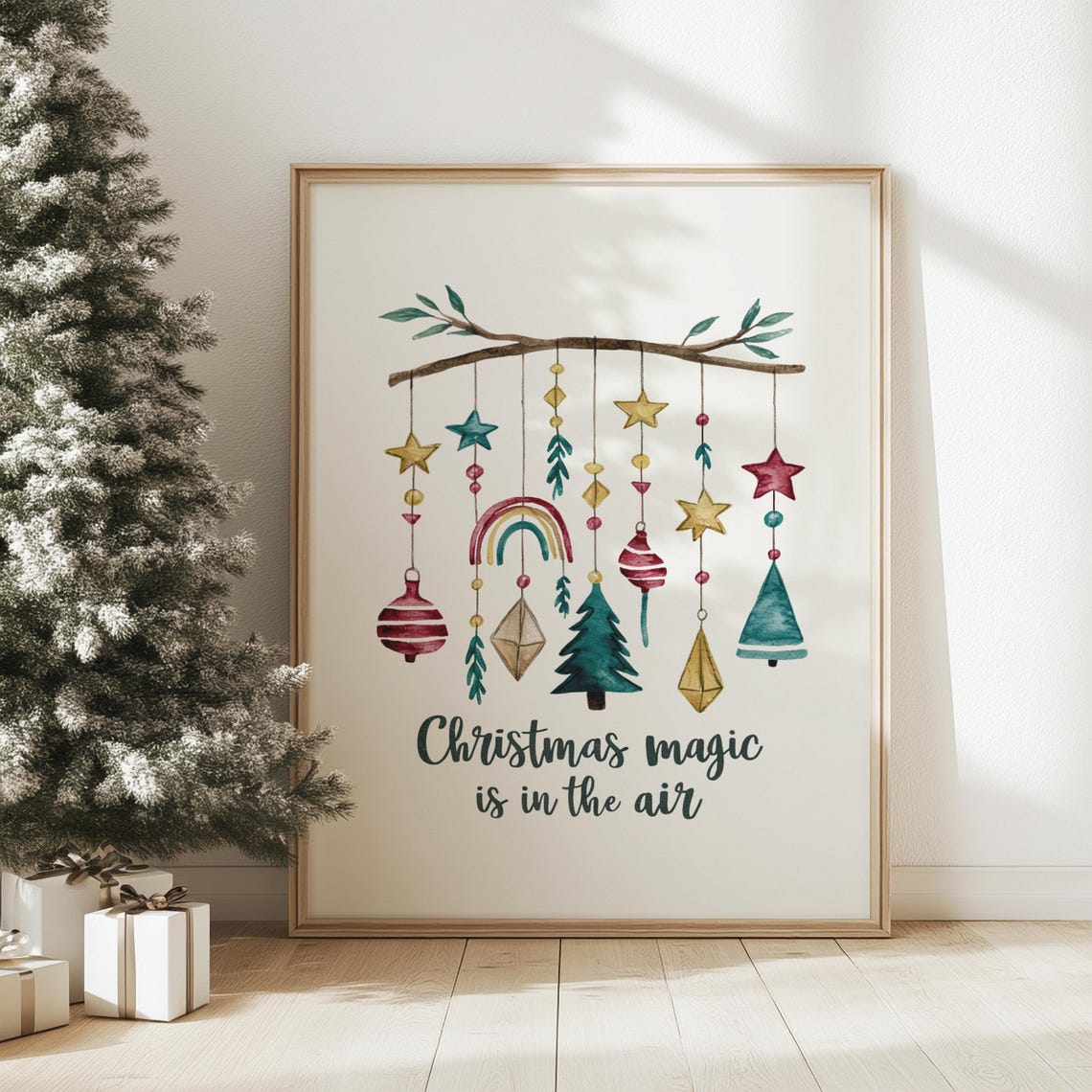Christmas Magic Is in the Air Boho Watercolor Ornaments Poster - Image 4