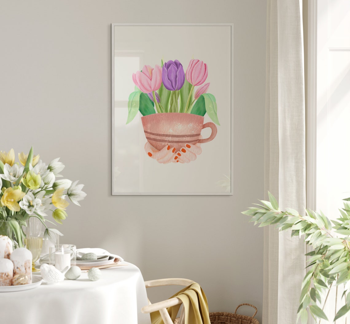 Pink and Purple Tulips in a Pink Teacup Watercolor Spring Poster - Image 5