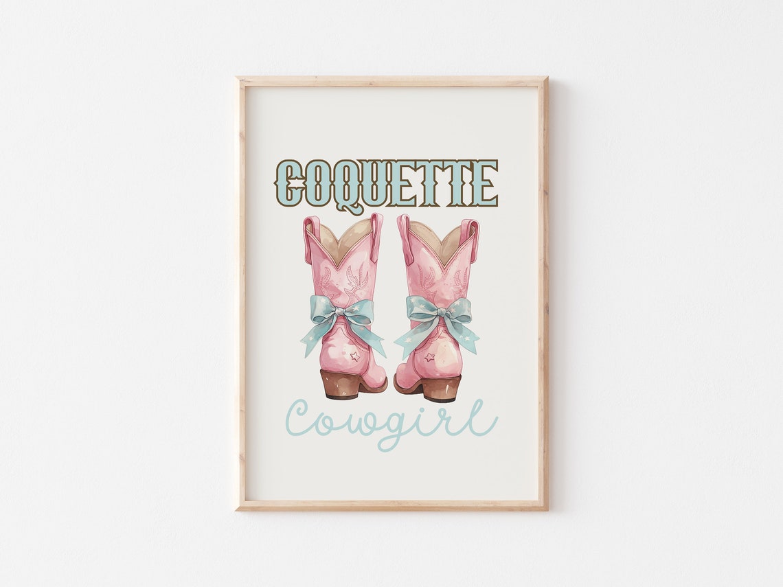 Coquette Cowgirl Pink Boots With Teal Bows Western Art Poster - Image 4