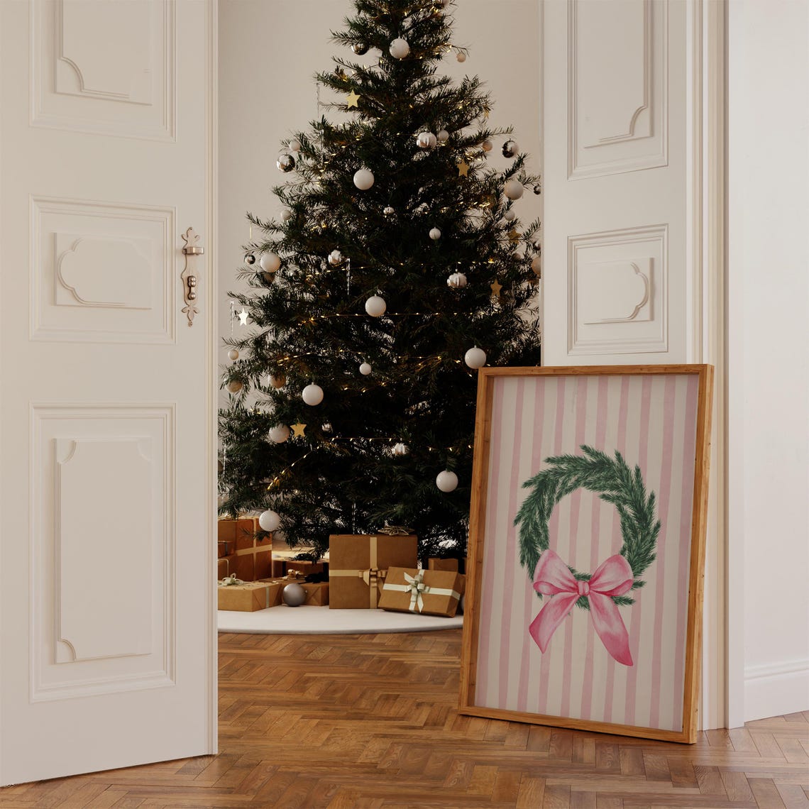 Pink Bow Christmas Wreath Watercolor Poster on Striped Background - Image 3