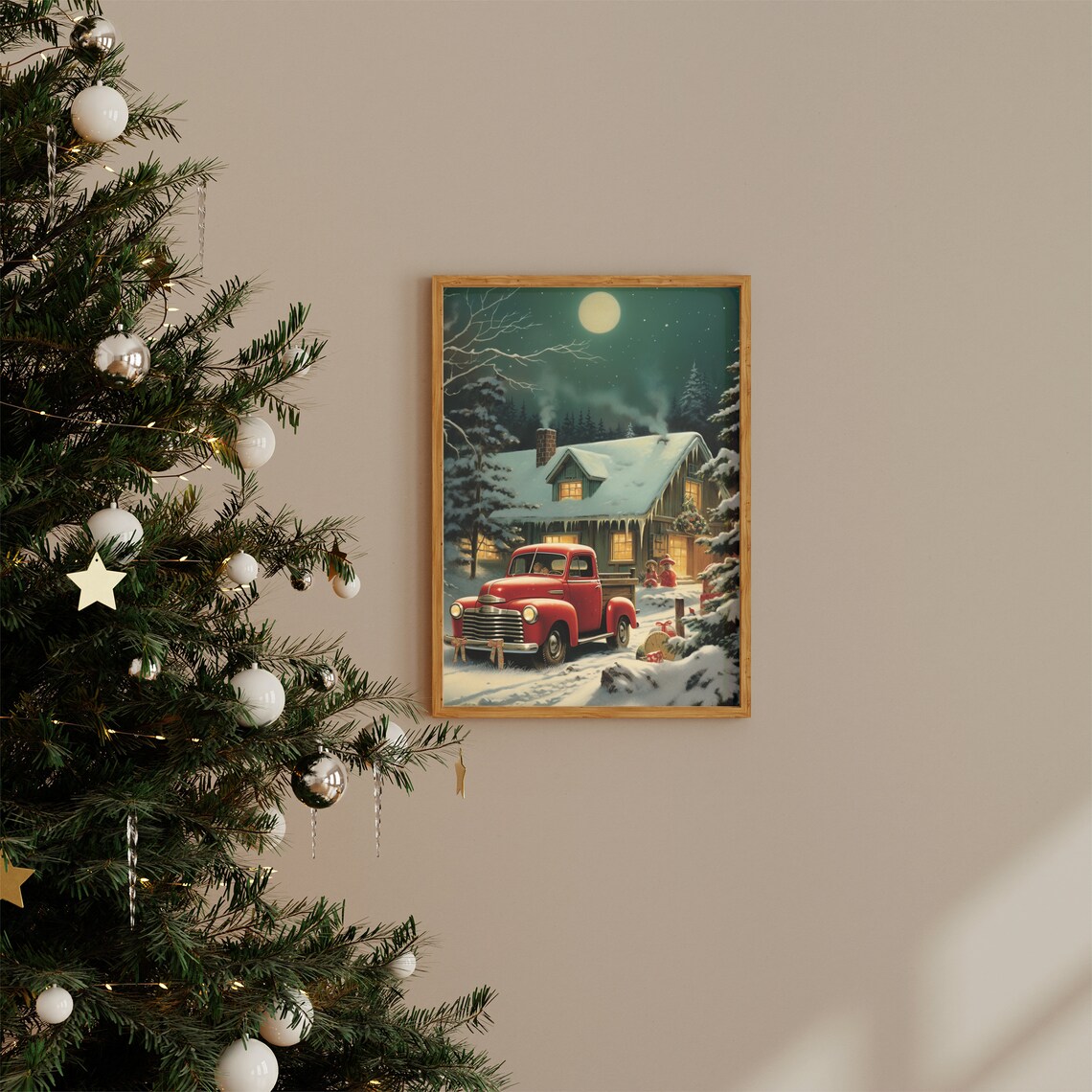 Red Vintage Truck At Snowy Cabin Moonlit Christmas Night Poster - Image 2