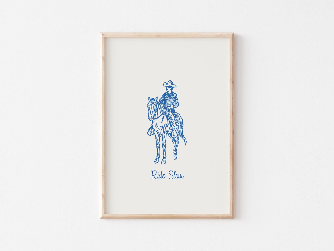 Ride Slow Blue Line Cowboy On Horseback Vintage Western Poster - Image 2