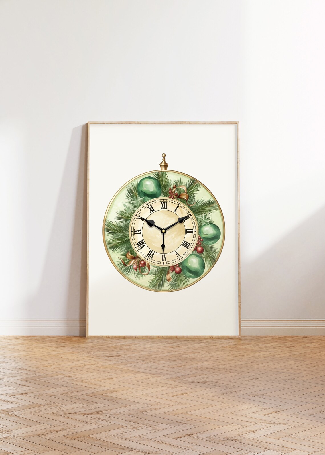 Gold Antique Clock With Pine Green Baubles Berries Holiday Poster - Image 3