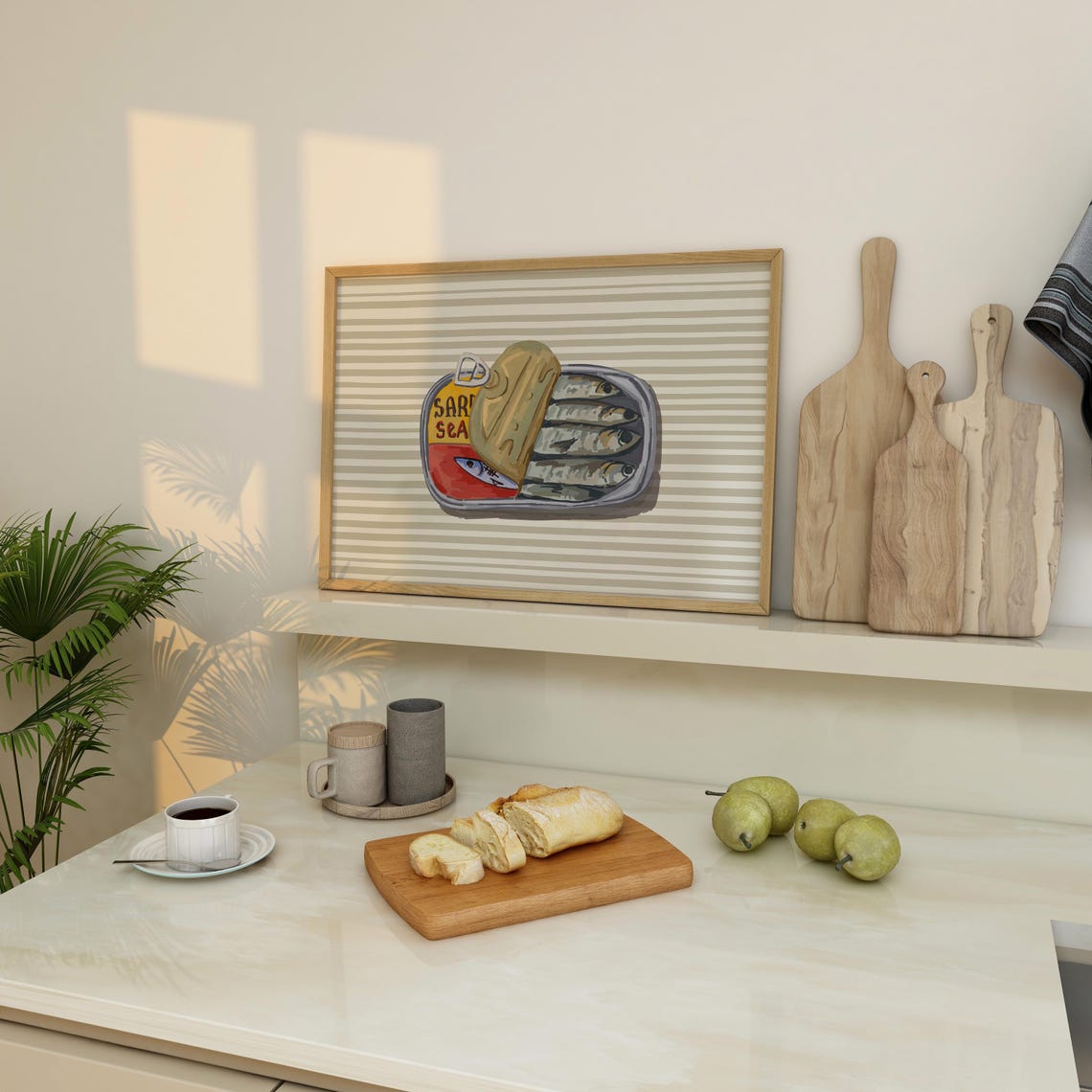 Sardine Tin Illustration on Beige Stripes for Kitchen Decor Poster - Image 3