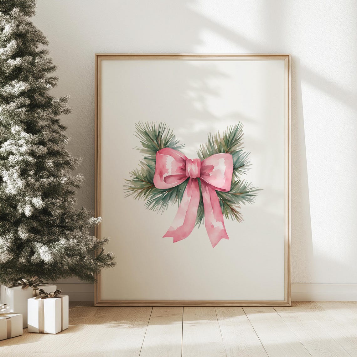 Coquette Pink Bow Pine Sprig Watercolor Christmas Decor Poster - Image 4