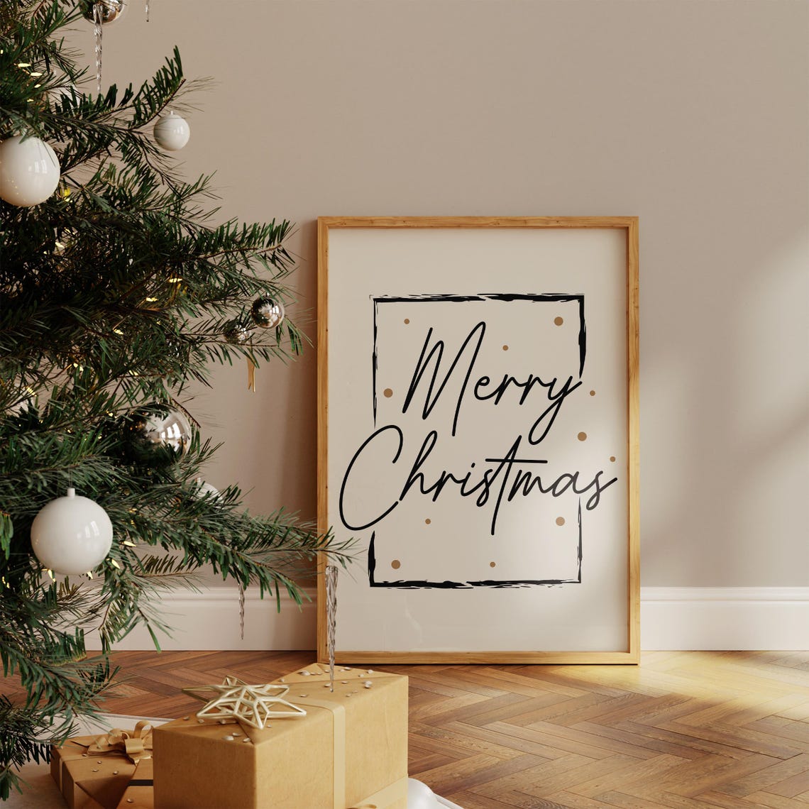 Merry Christmas Script in Black Frame With Gold Dots Holiday Poster - Image 5