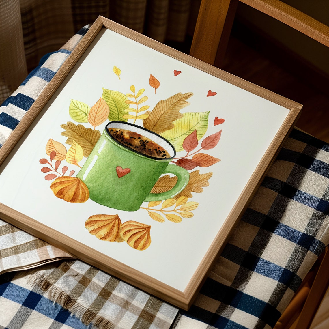 Green Cocoa Mug With Fall Leaves Watercolor Cozy Kitchen Poster - Image 5