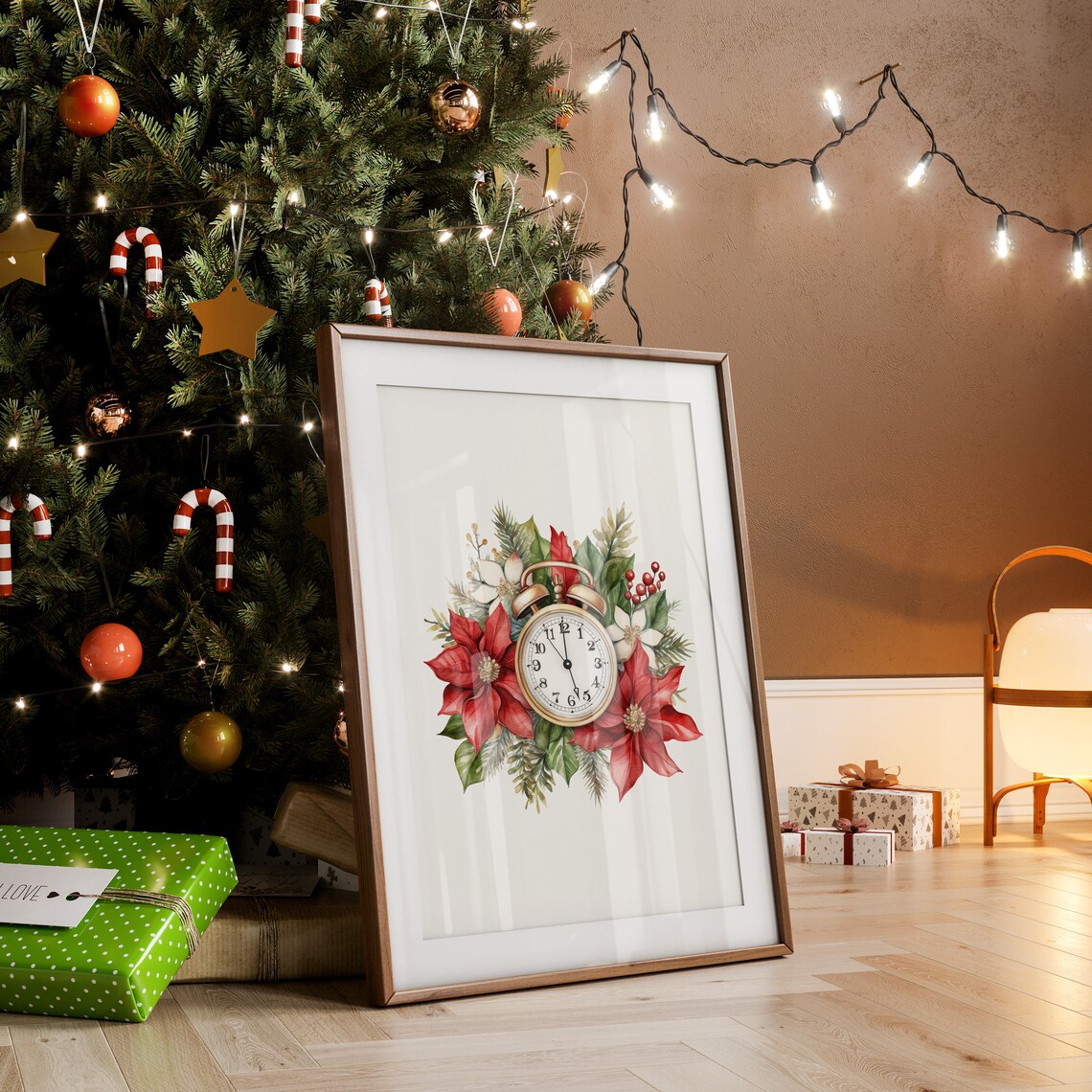 Vintage Alarm Clock With Red Poinsettias Christmas Floral Poster - Image 4