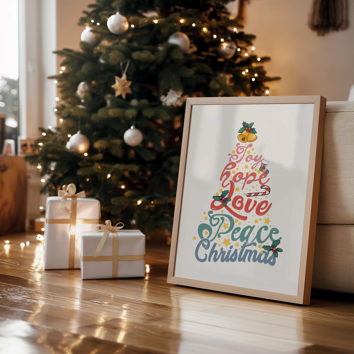 Joy Hope Love Peace Christmas Tree Script Vintage Holiday Poster - Image 4