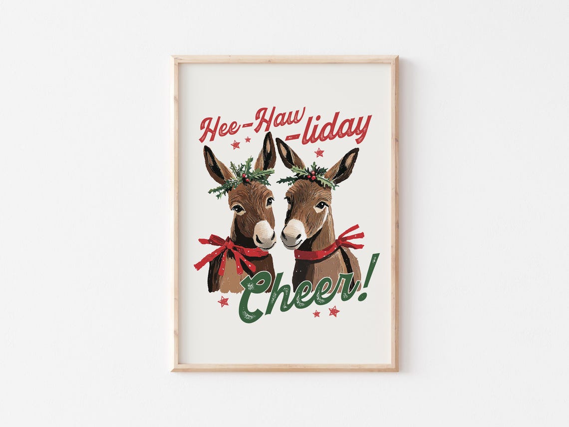 Hee-Haw-liday Cheer Funny Christmas Donkey Watercolor Poster - Image 3