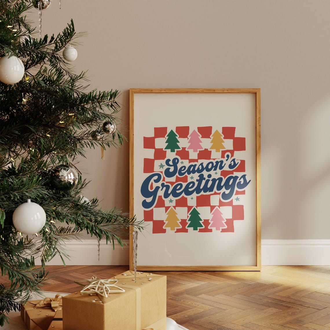 Season's Greetings Retro Checkerboard Christmas Trees Poster - Image 5
