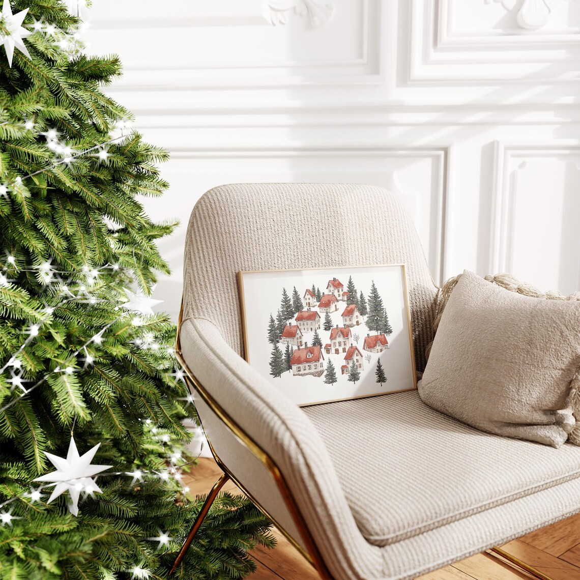 Snowy Winter Village Watercolor Christmas Poster with Red Roof Cottages - Image 3
