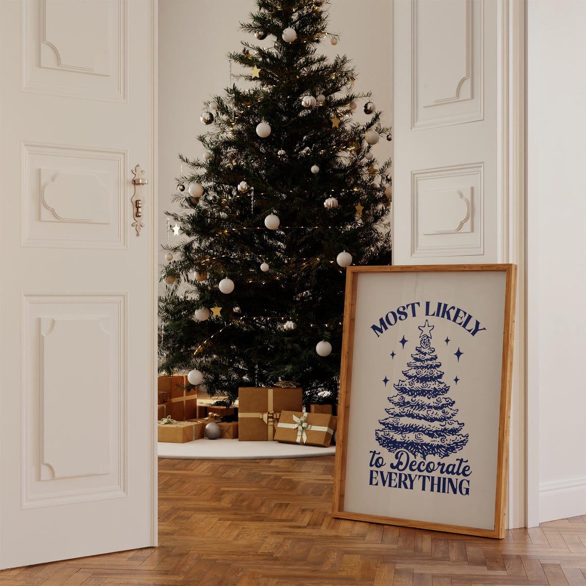 Most Likely To Decorate Everything Navy Christmas Tree Poster - Image 2