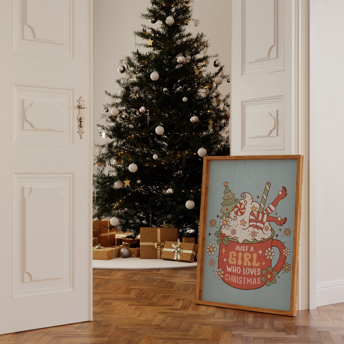 Just A Girl Who Loves Christmas Retro Cocoa Mug Groovy Quote Poster - Image 5