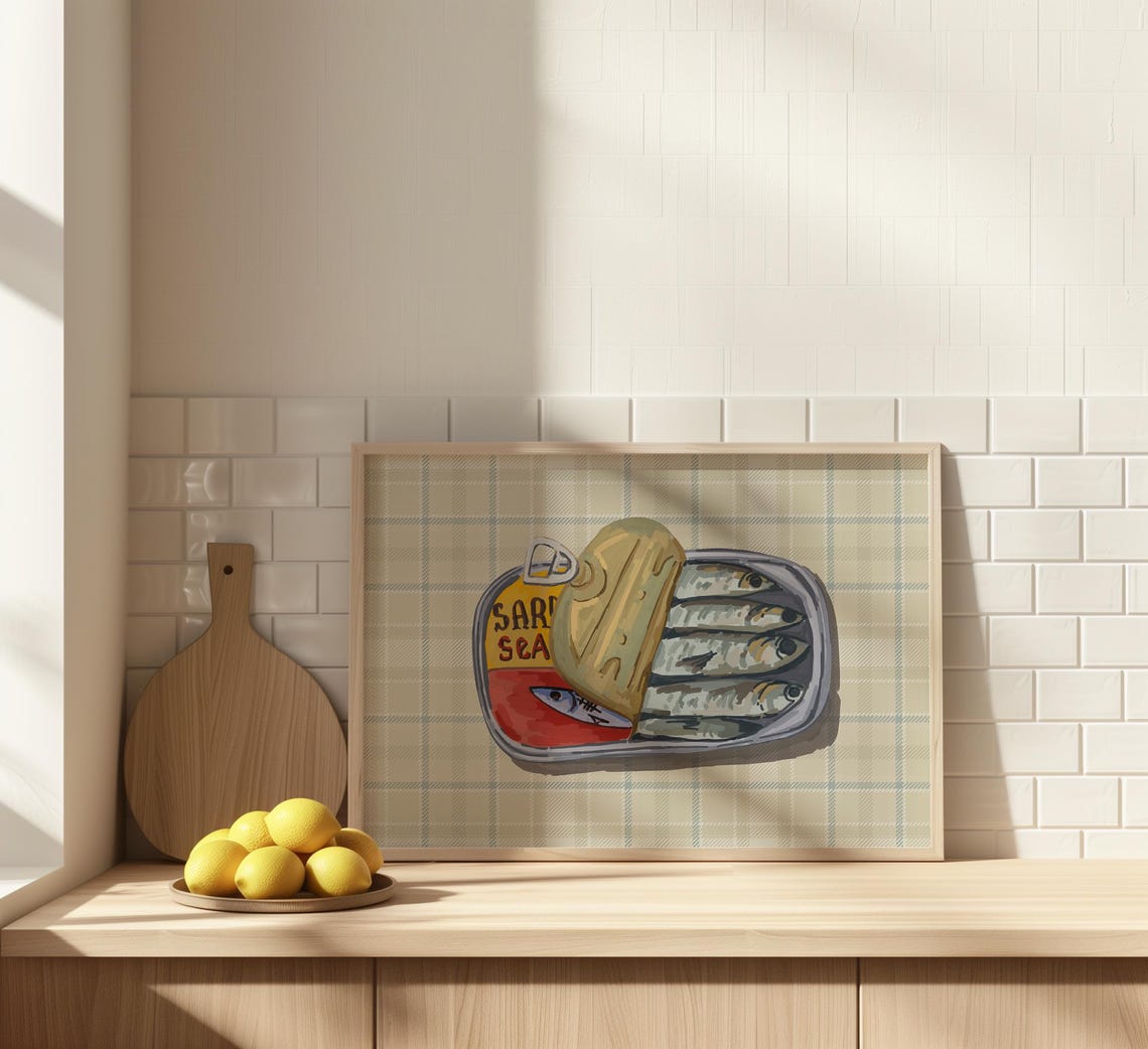 Open Sardine Tin Can On Plaid Retro Food Illustration Poster - Image 2