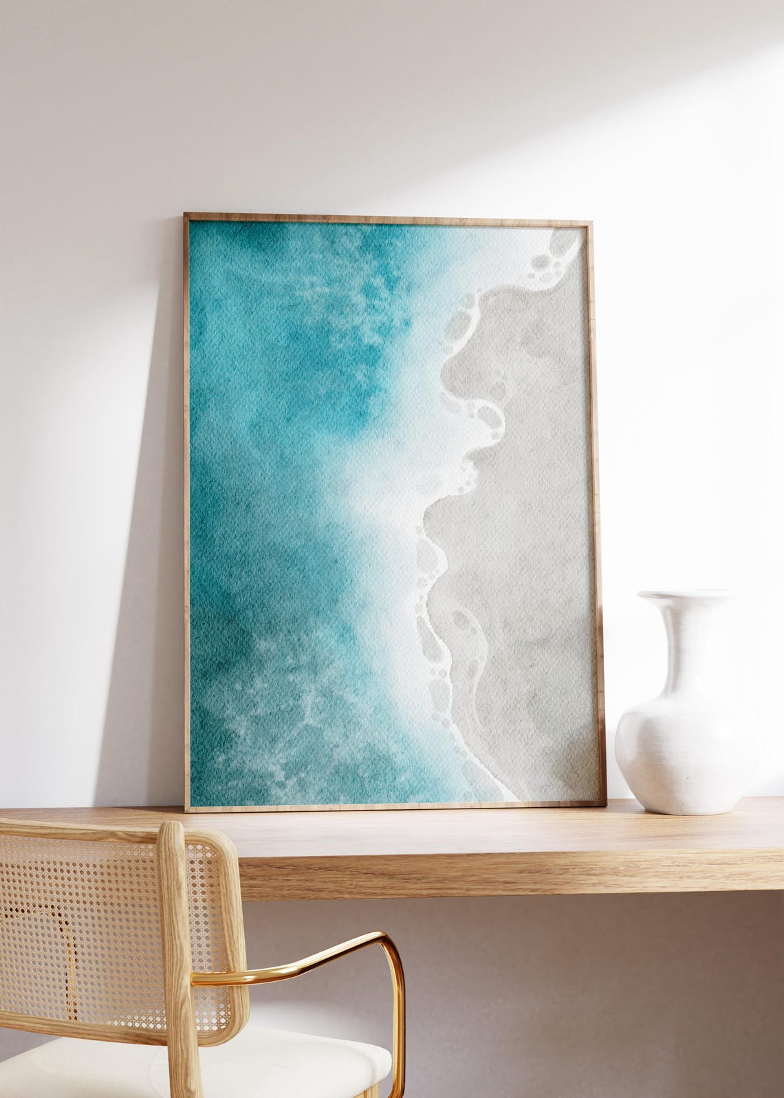 Cool Teal Sea Water Washing Over Quiet Gray Sand Beach Print - Image 4