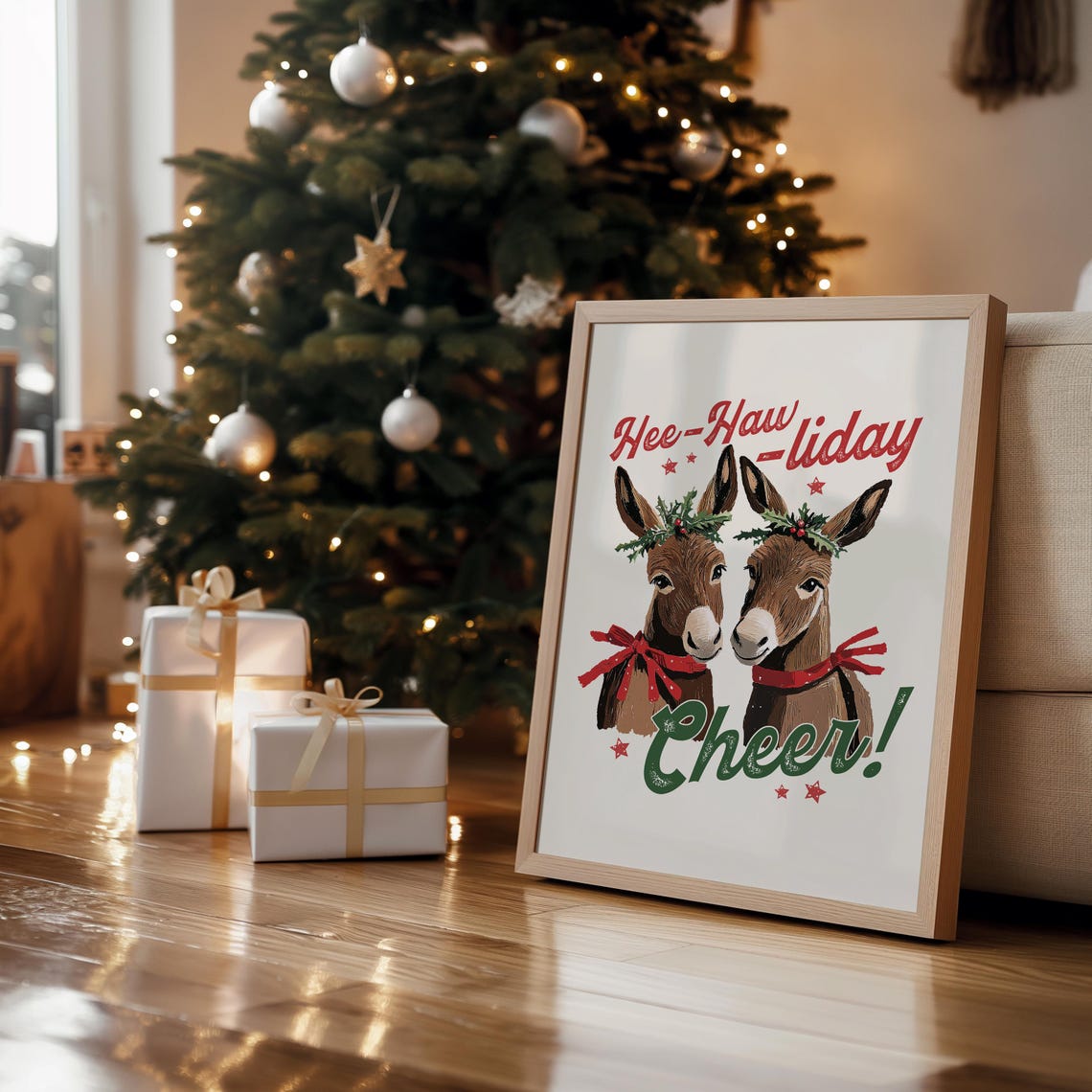 Hee-Haw-liday Cheer Funny Christmas Donkey Watercolor Poster - Image 2
