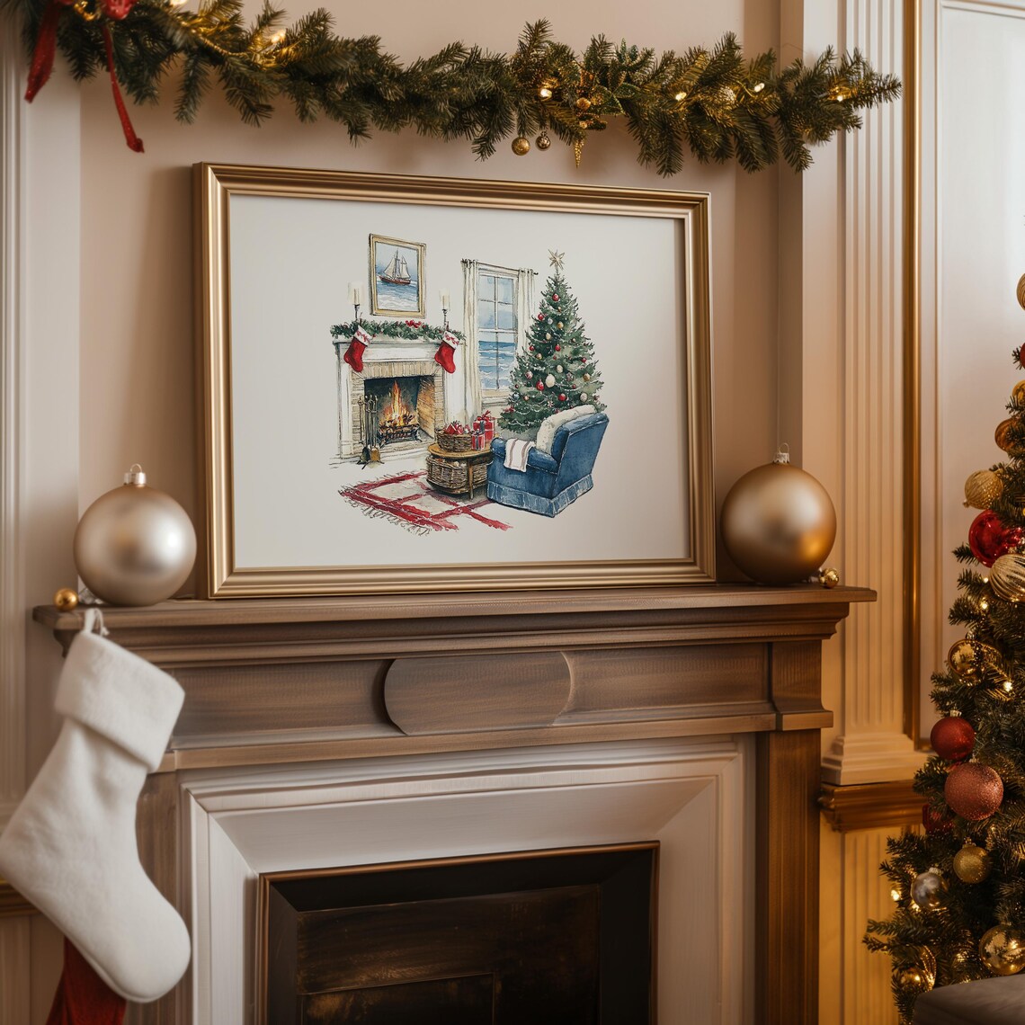 Watercolor Coastal Christmas Living Room Poster with Ocean Window View - Image 2