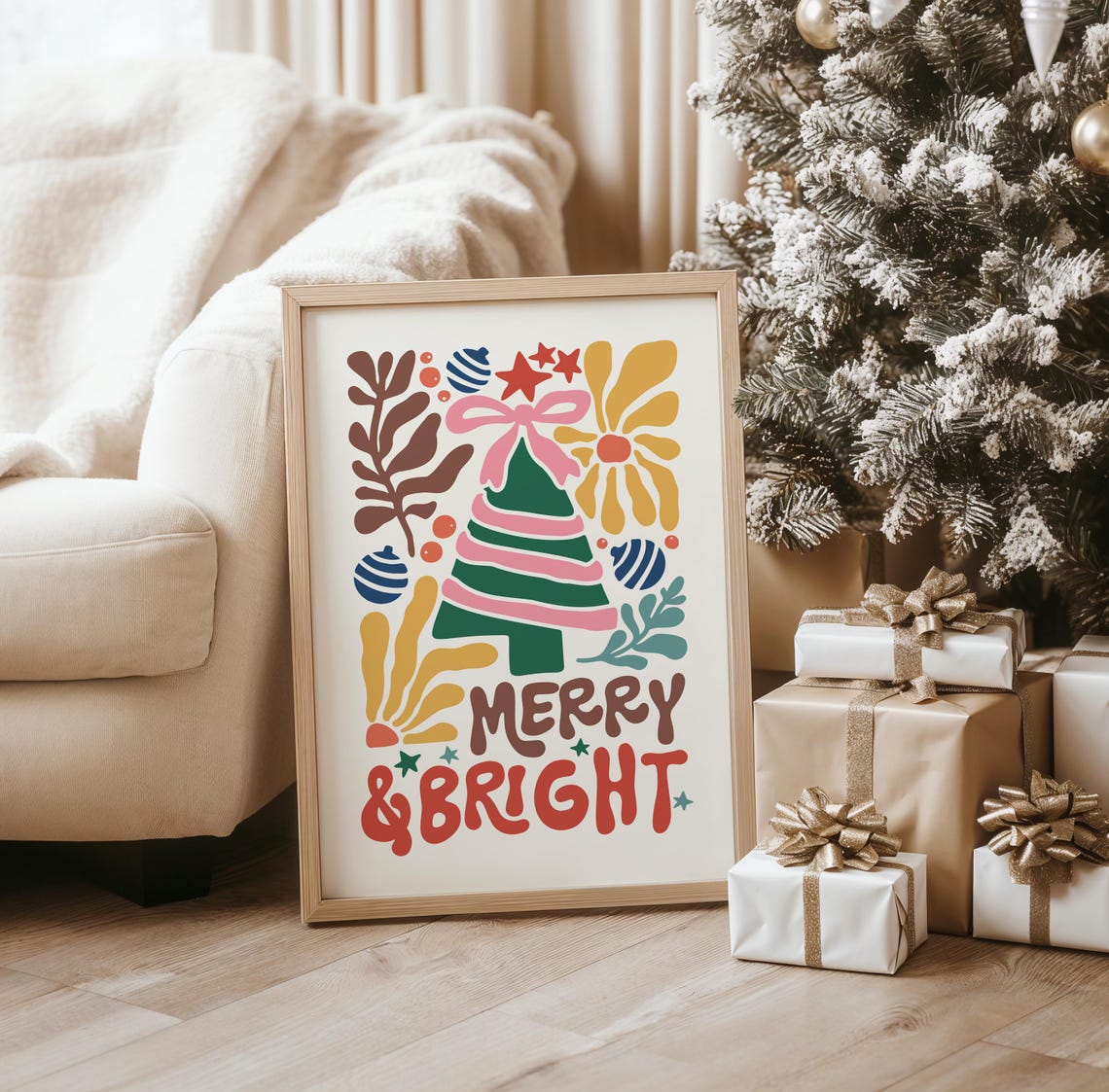 Merry And Bright Pink Retro Christmas Tree Holiday Decor Poster - Image 4