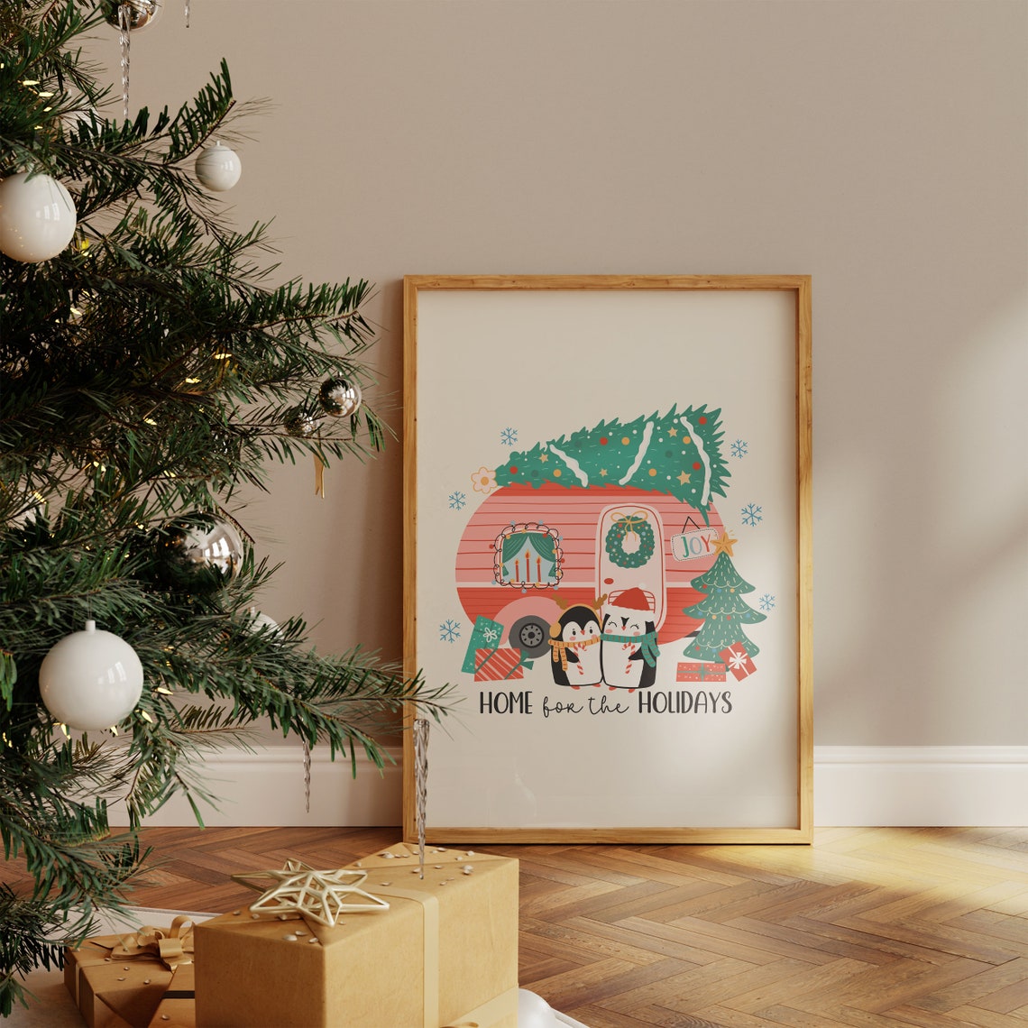 Home for the Holidays Pink Camper Van Penguins Christmas Poster - Image 4