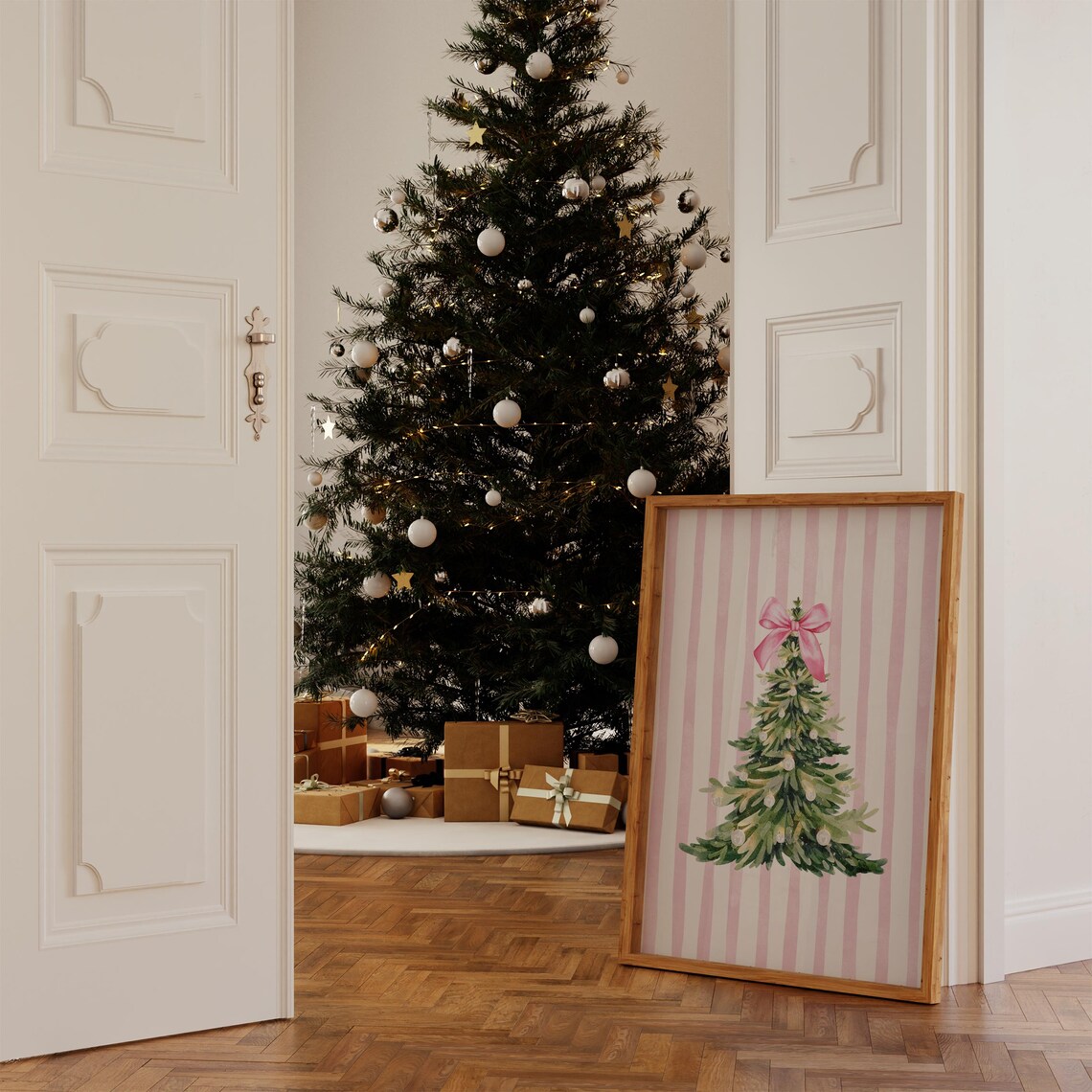 Pink Striped Coquette Christmas Tree Watercolor Bow Holiday Poster - Image 2