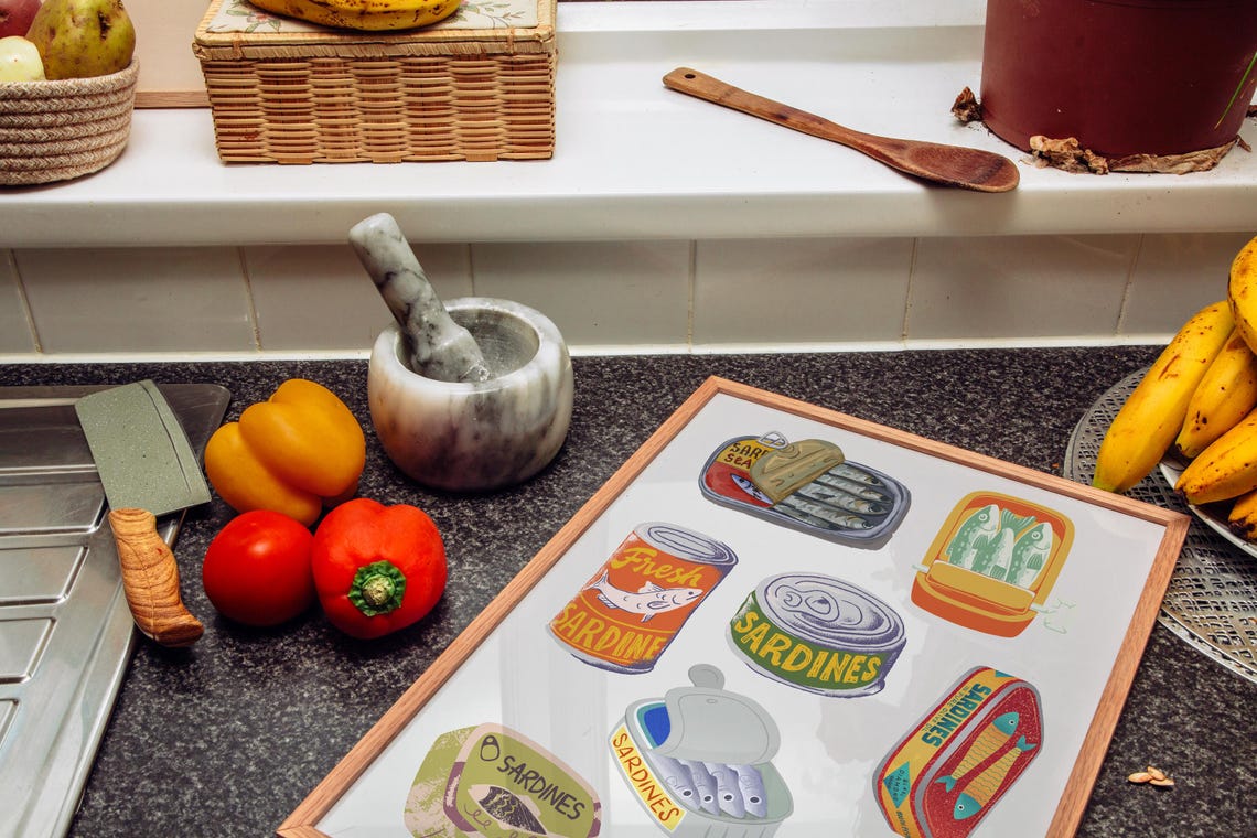 Vintage Sardine Tins Retro Food Illustration Funky Kitchen Poster - Image 5