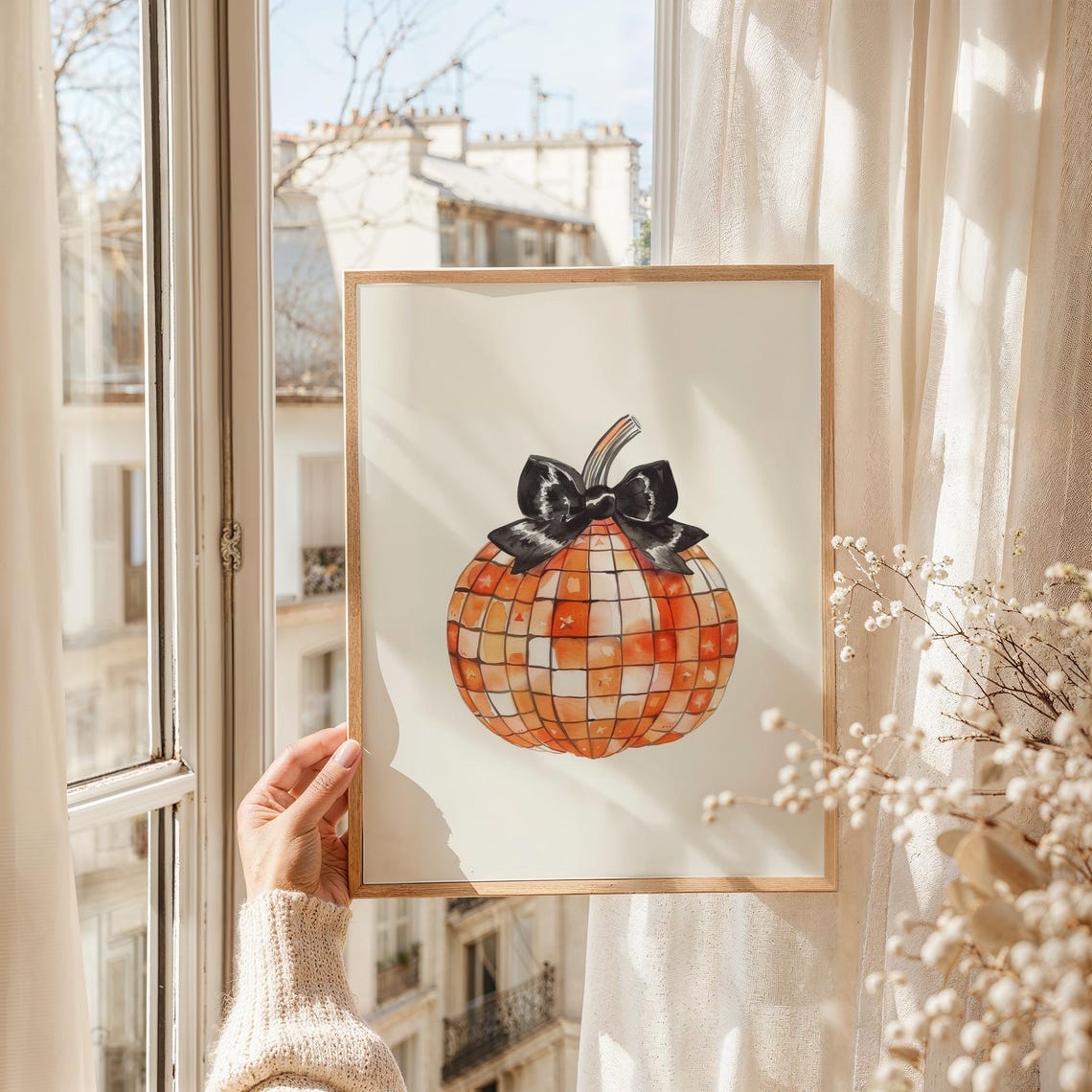 Disco Ball Pumpkin With Black Bow Watercolor Fall Art Poster - Image 5