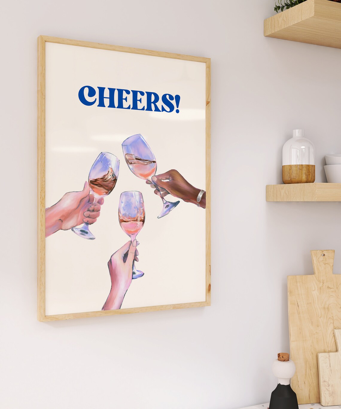 Cheers Blue Lettering Watercolor Rose Wine Toast Party Wall Art - Image 2