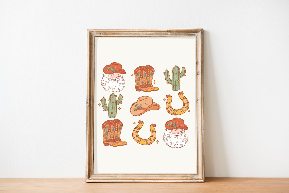 Cowboy Christmas Icons Santa Boots Cactus Horseshoe Western Print - Image 3