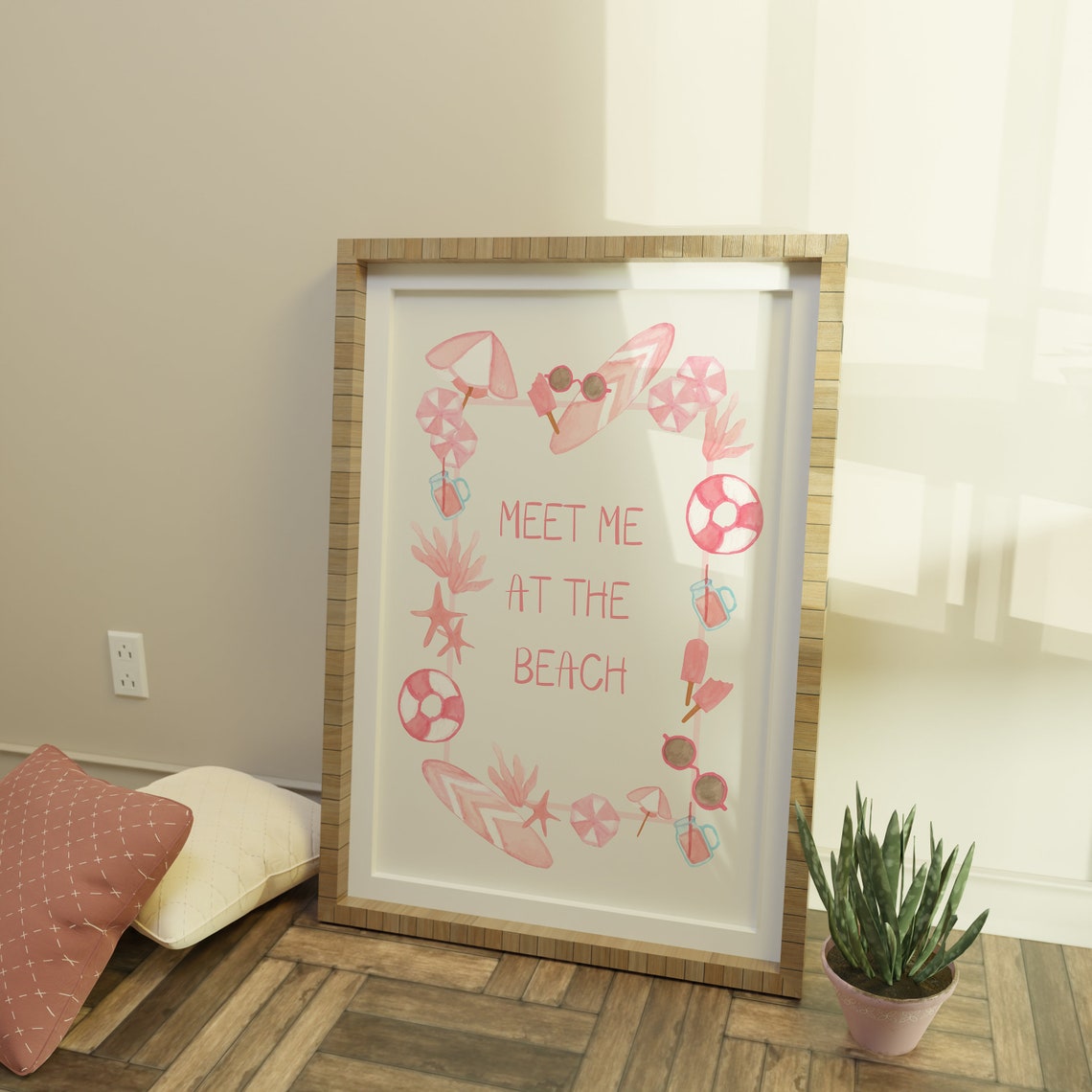 Meet Me At The Beach Pink Watercolor Beach Icon Collage Poster - Image 2