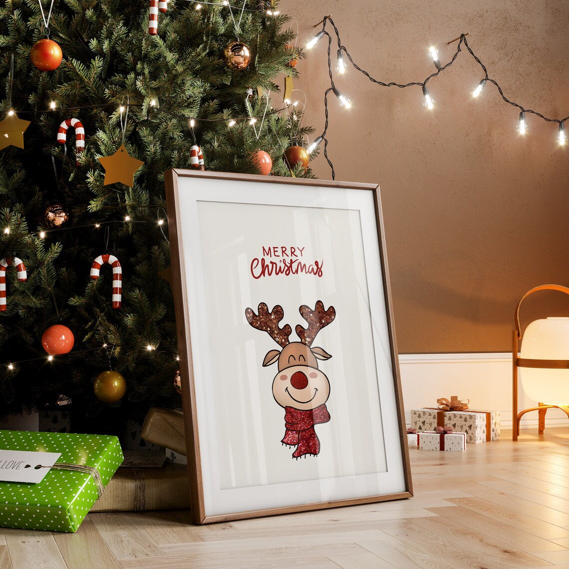 Merry Christmas Cartoon Reindeer With Glitter Antlers Poster - Image 2