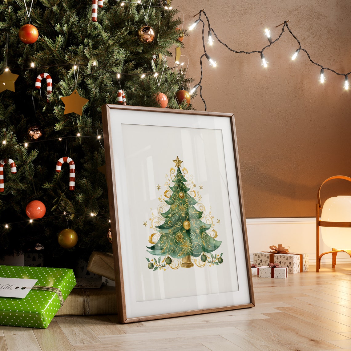 Elegant Gold Swirl Watercolor Christmas Tree With Ornaments Poster - Image 2