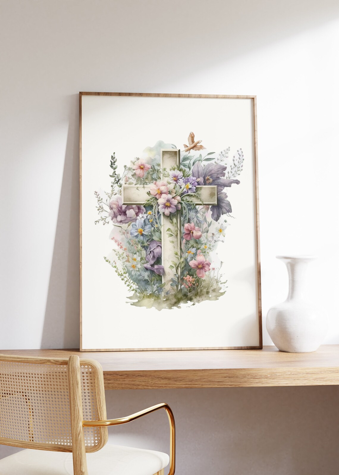 Watercolor Christian Cross With Pink Purple Wildflowers Easter Poster - Image 2