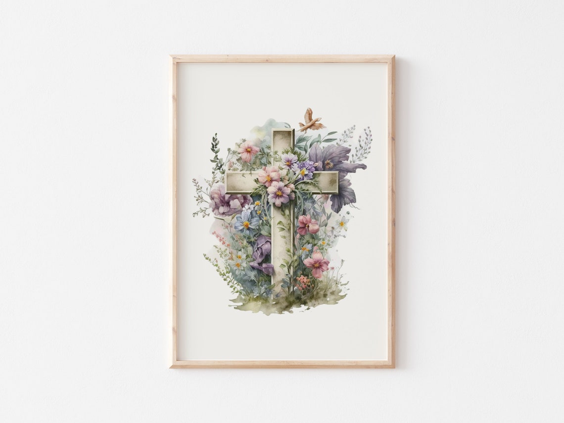 Watercolor Christian Cross With Pink Purple Wildflowers Easter Poster - Image 4