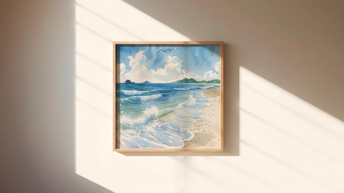 Bright Blue Ocean Waves Sandy Beach Watercolor Summer Poster - Image 2