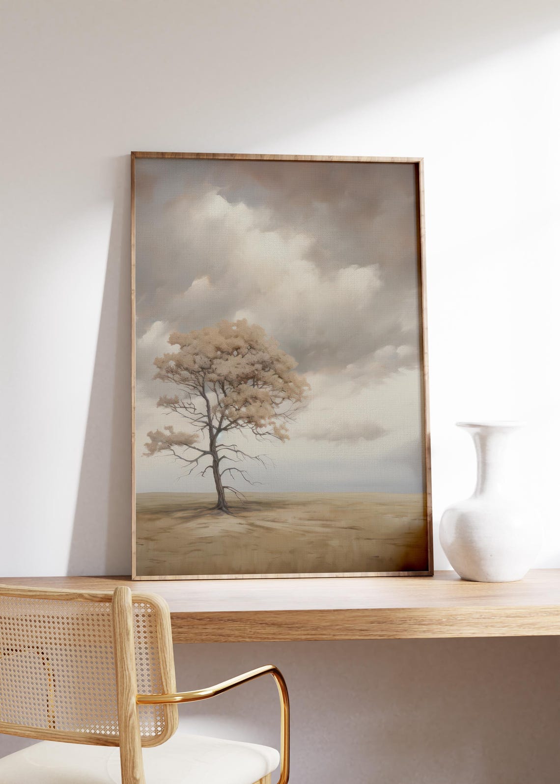 Lone Windswept Tree Standing Under Stormy Sky Landscape Print - Image 3