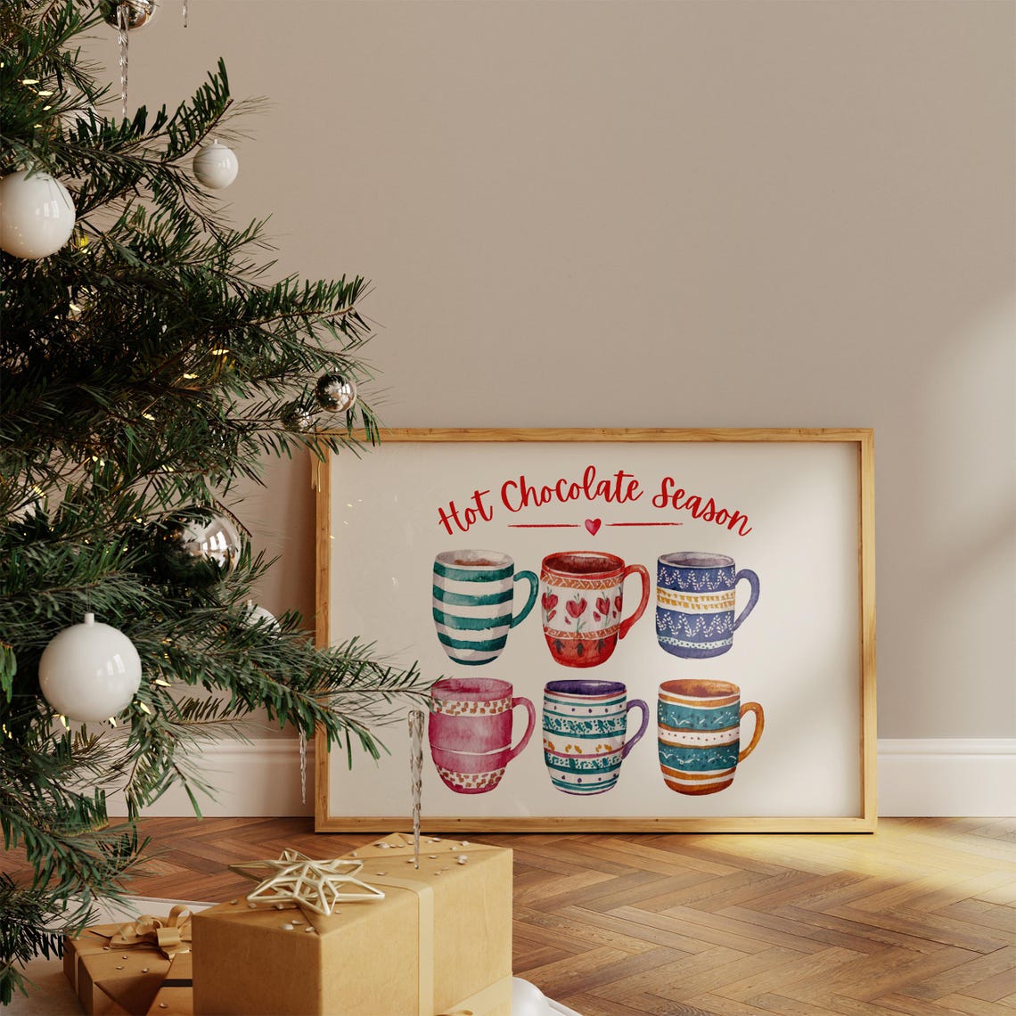 Hot Chocolate Season Watercolor Mugs Festive Holiday Kitchen Wall Art - Image 4