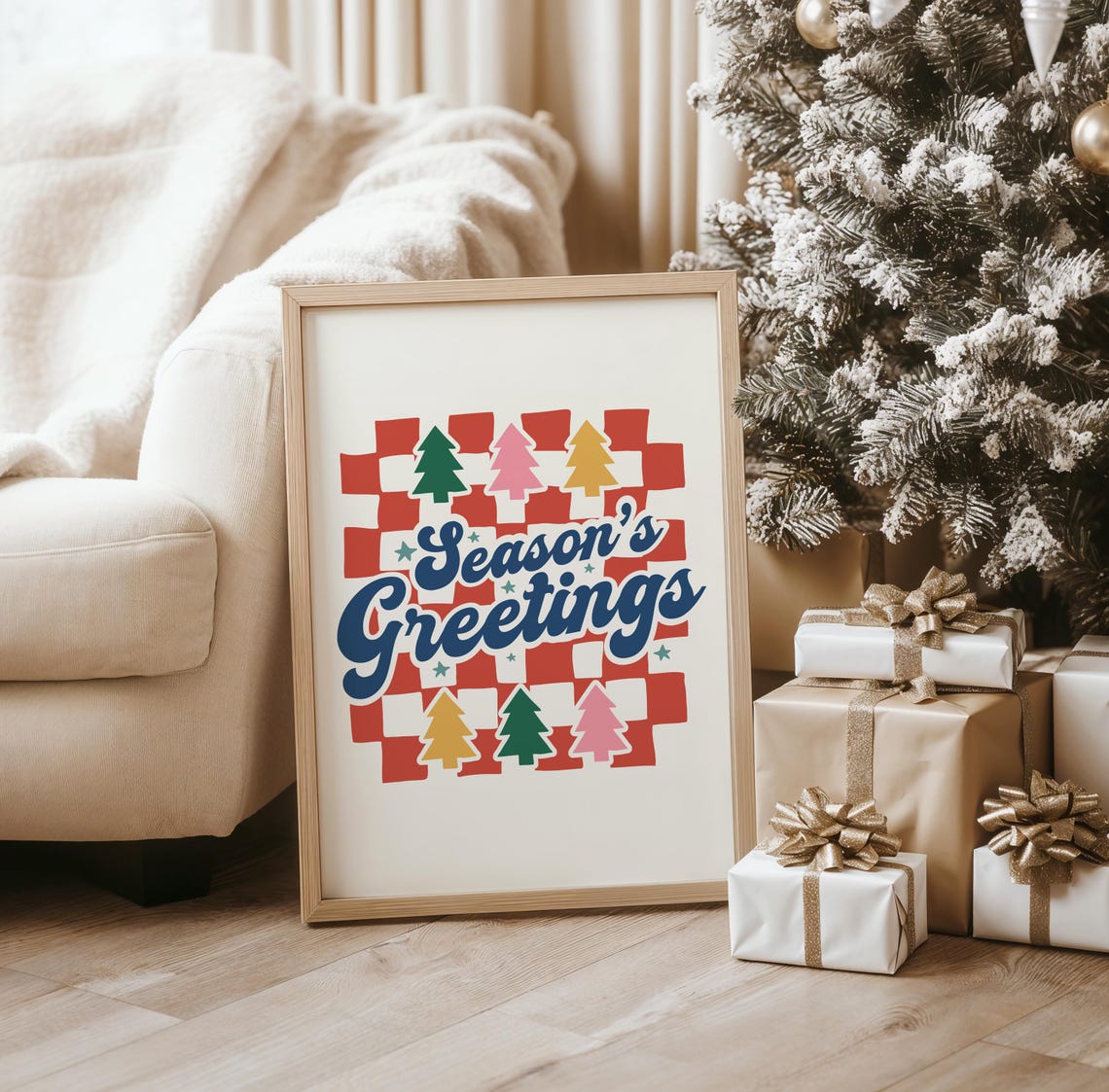 Season's Greetings Retro Checkerboard Christmas Trees Poster - Image 2