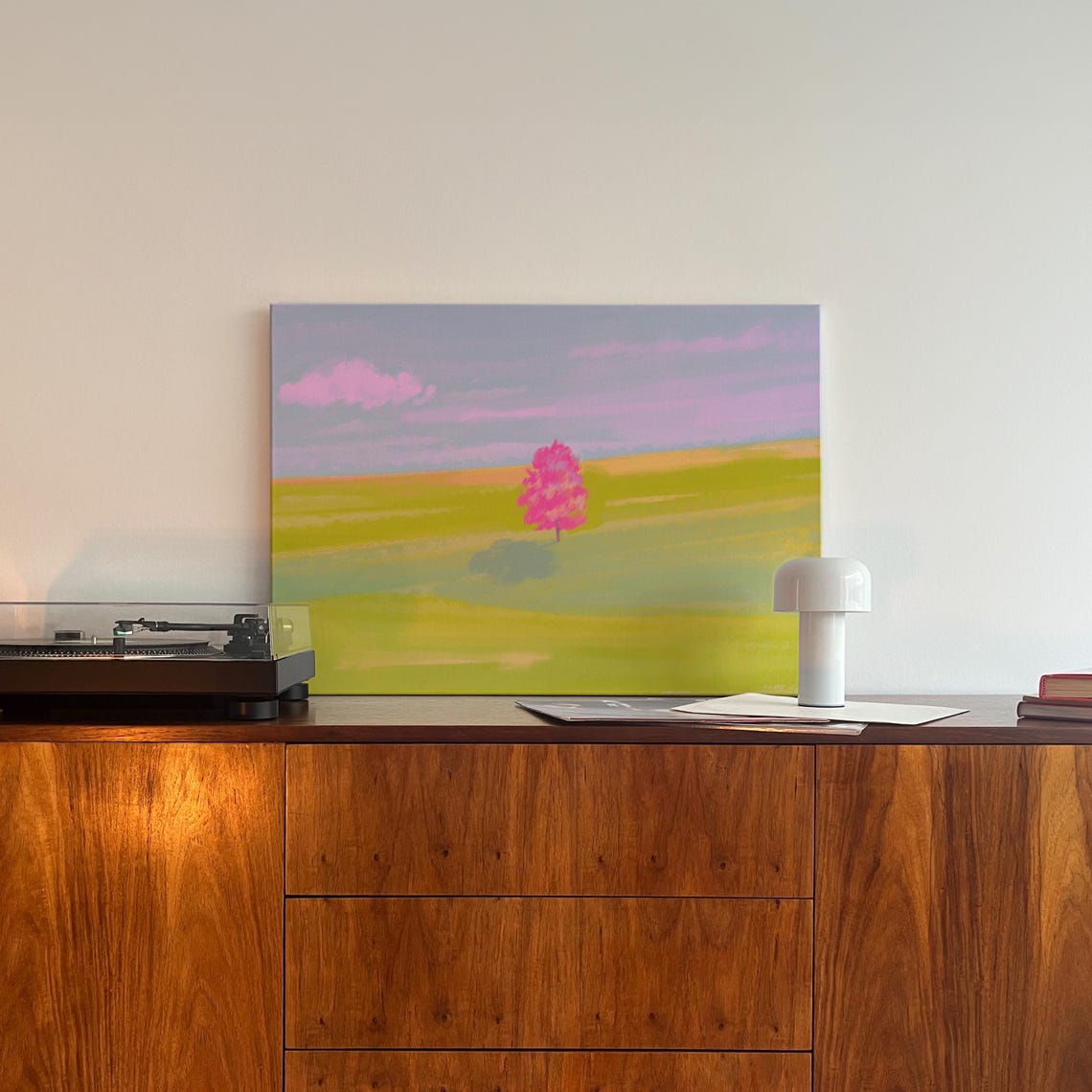 Pink Tree Green Meadow Minimalist Modern Landscape Art Poster - Image 4