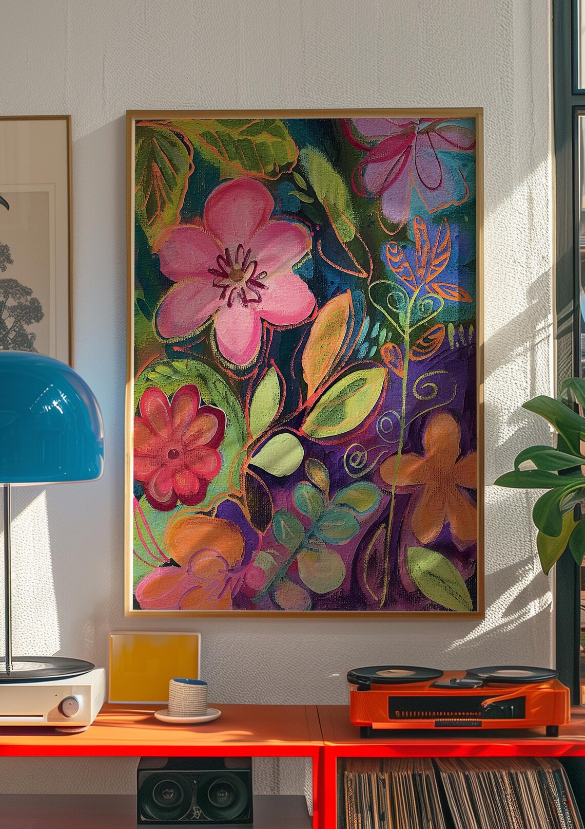 Vibrant Abstract Flower Garden Poster in Teal Purple and Hot Pink - Image 3