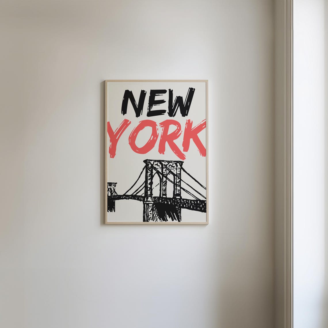 New York City Brooklyn Bridge Red Brush Lettering Sketch Poster - Image 2