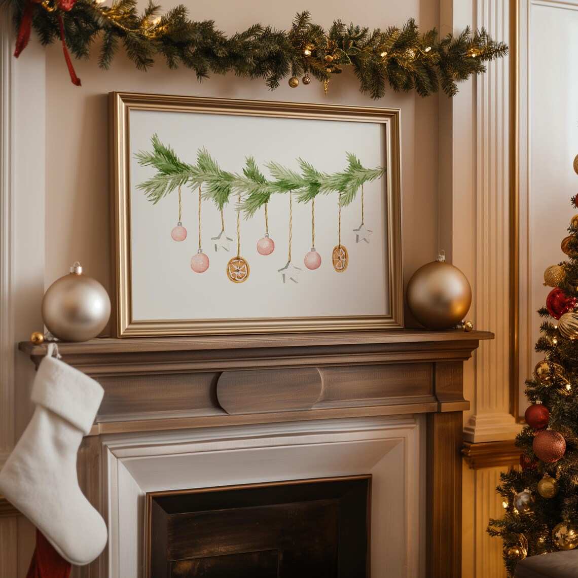 Pine Garland Baubles And Stars Watercolor Christmas Holiday Wall Art - Image 4